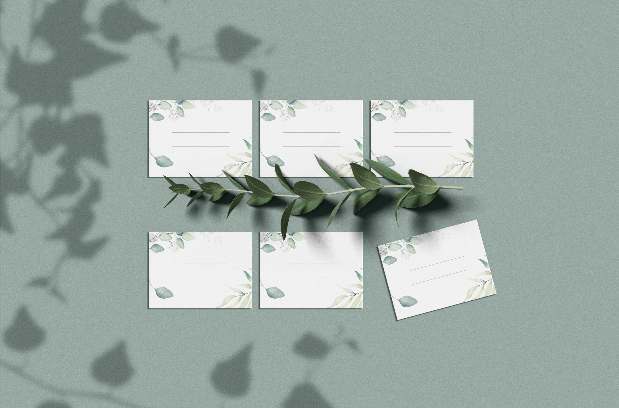 cartões de agradecimento brancos de estilo floral com pétalas verdes
