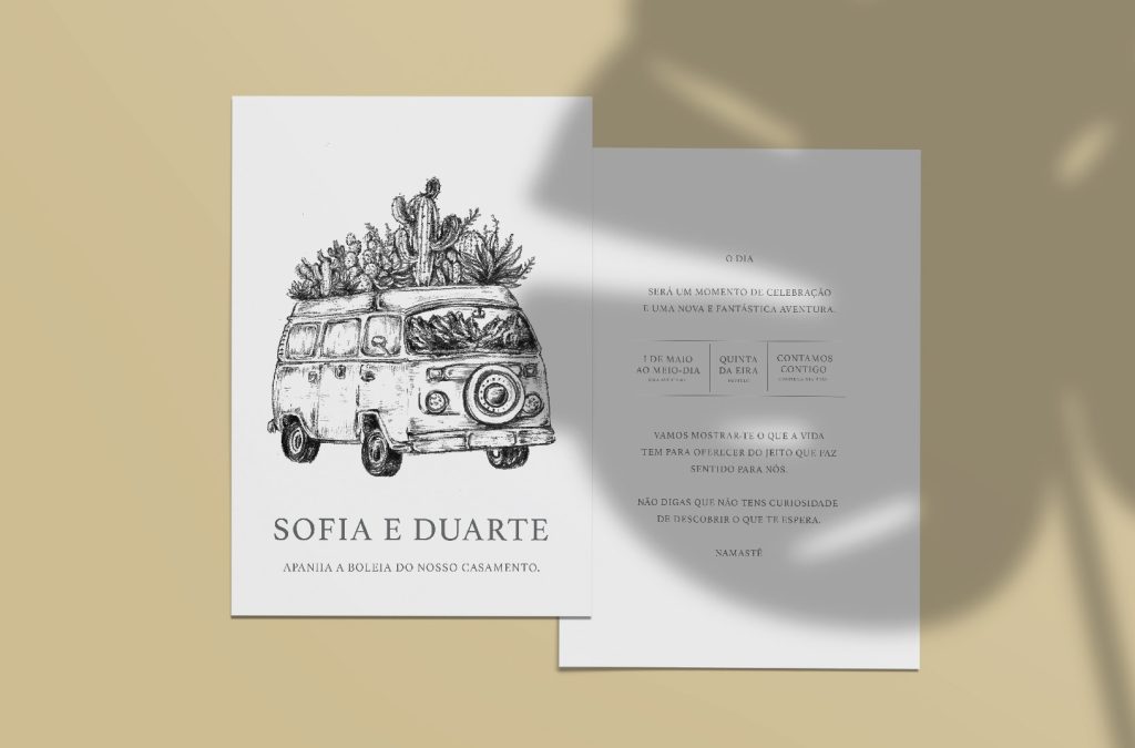 Convite de casamento de estilo ilustrativo branco com ilustração feita a mão frente e verso